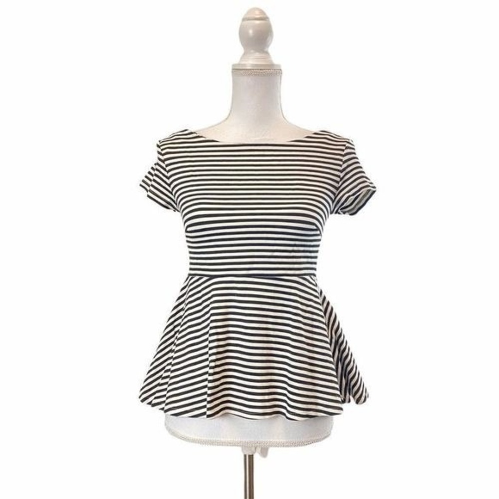 ZARA KNIT Black White Stripe Peplum Top Blouse Small Casual‎